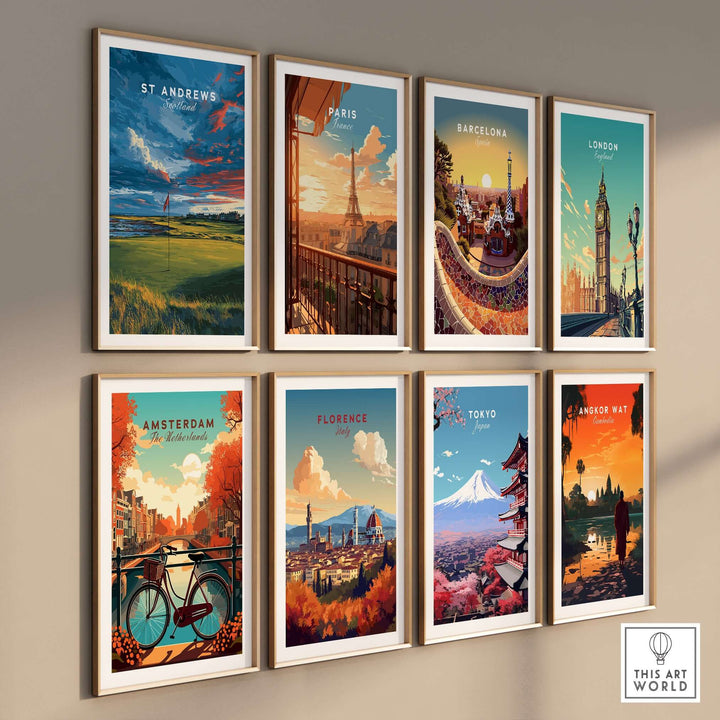 Gallery of vibrant travel posters featuring St Andrews, Paris, Barcelona, and more iconic cities.