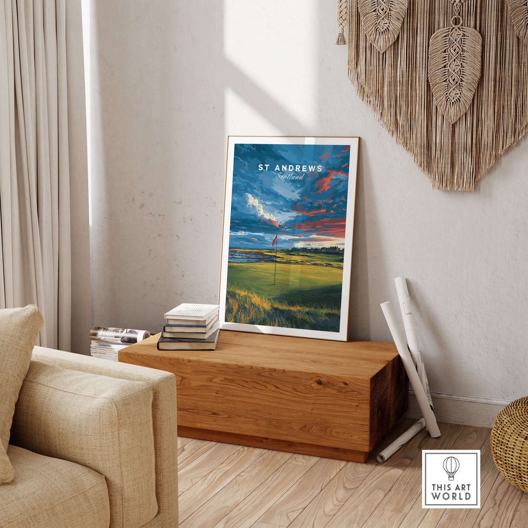 St Andrews golf course green print poster displayed in a stylish living room with cozy decor.