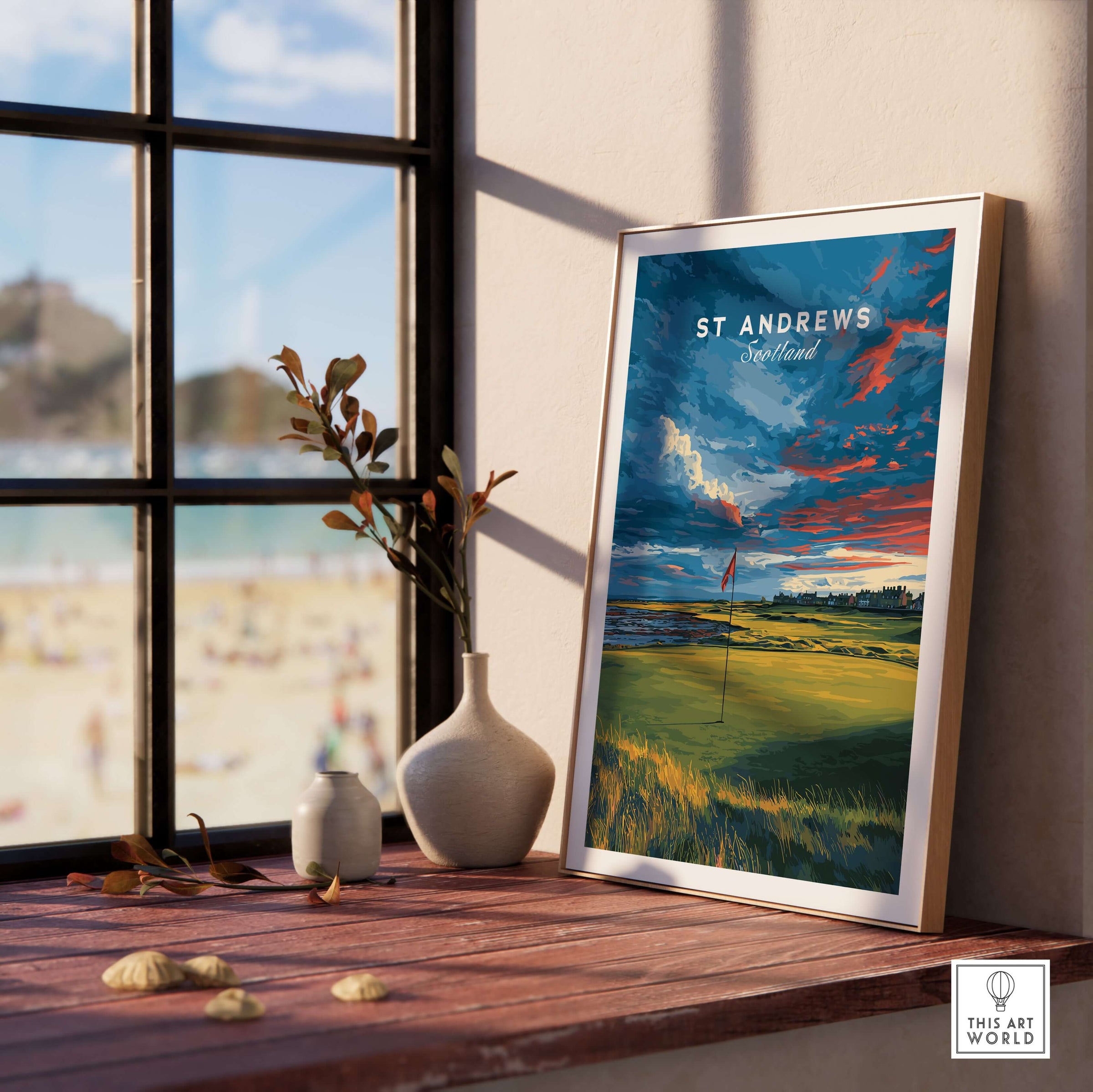 St Andrews Scotland Old Course Green Print - Famous Golf Course Poster displayed on a windowsill with scenic view.