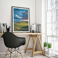 St Andrews Scotland Old Course Green Print - Famous Golf Course Poster displayed on a wall above a modern desk.