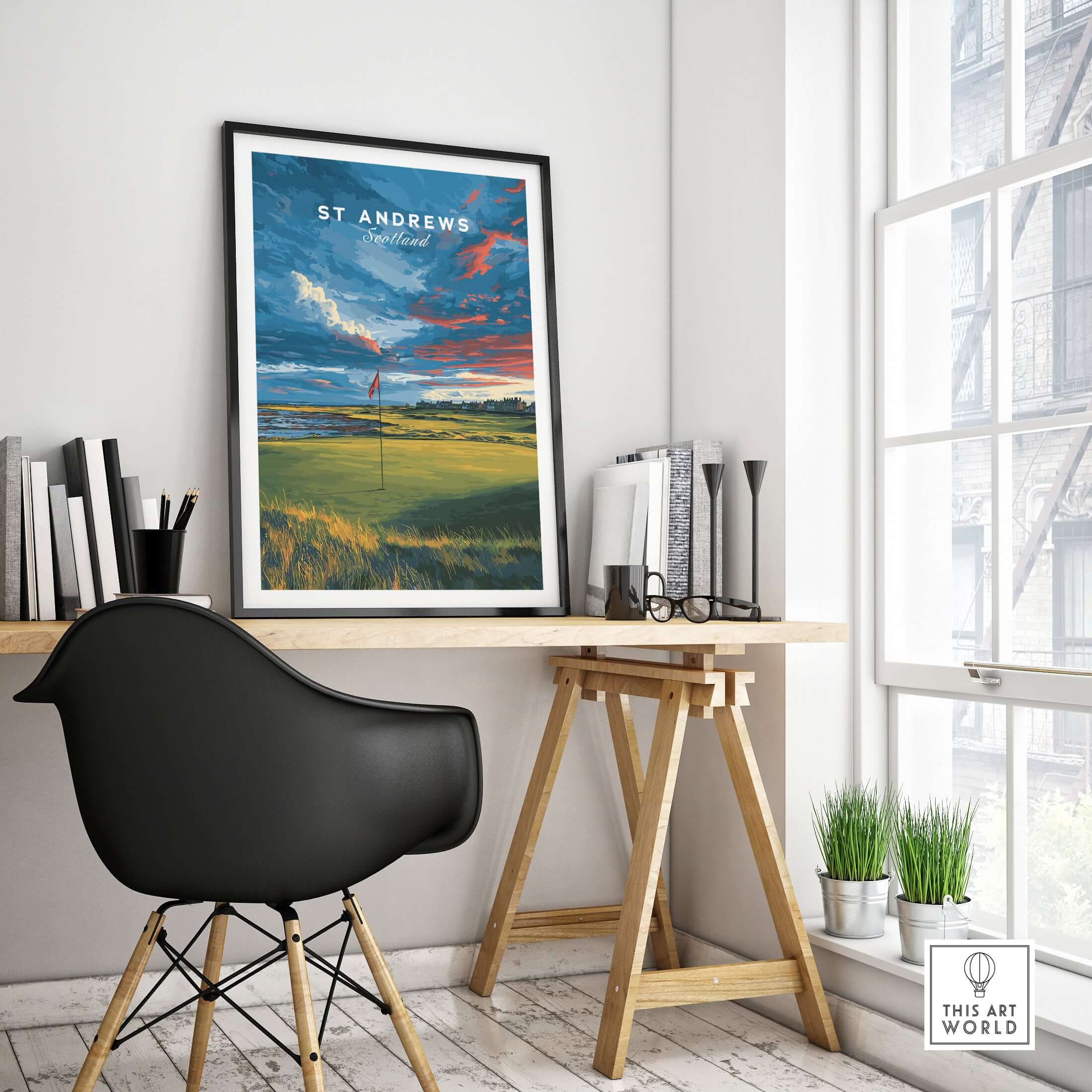St Andrews Scotland Old Course Green Print - Famous Golf Course Poster displayed on a wall above a modern desk.