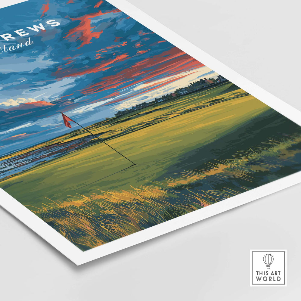 St Andrews Scotland Old Course golf poster featuring iconic greens and vibrant sky, perfect for golf lovers and decor.