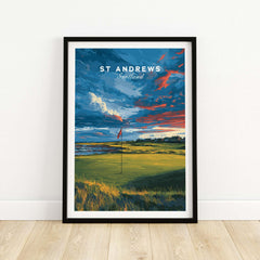 St Andrews Scotland Old Course Green Print - Famous Golf Course Poster displayed in a stylish frame.