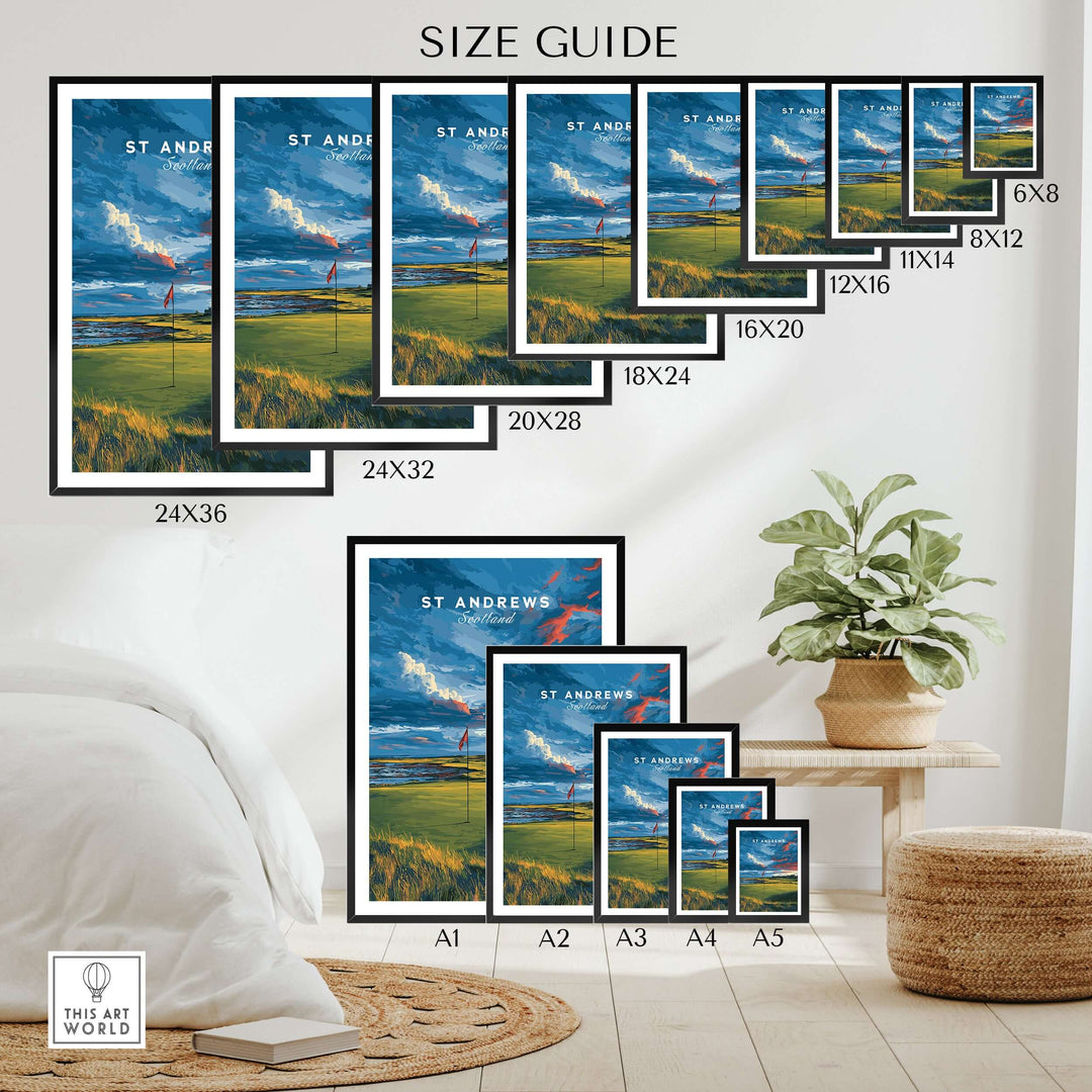 Size guide for St Andrews Scotland Old Course Green Print poster displaying available sizes.