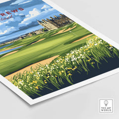 St Andrews Scotland Old Course Sunset Poster - Iconic Golf Landscape Print showcasing golf course and historic buildings.