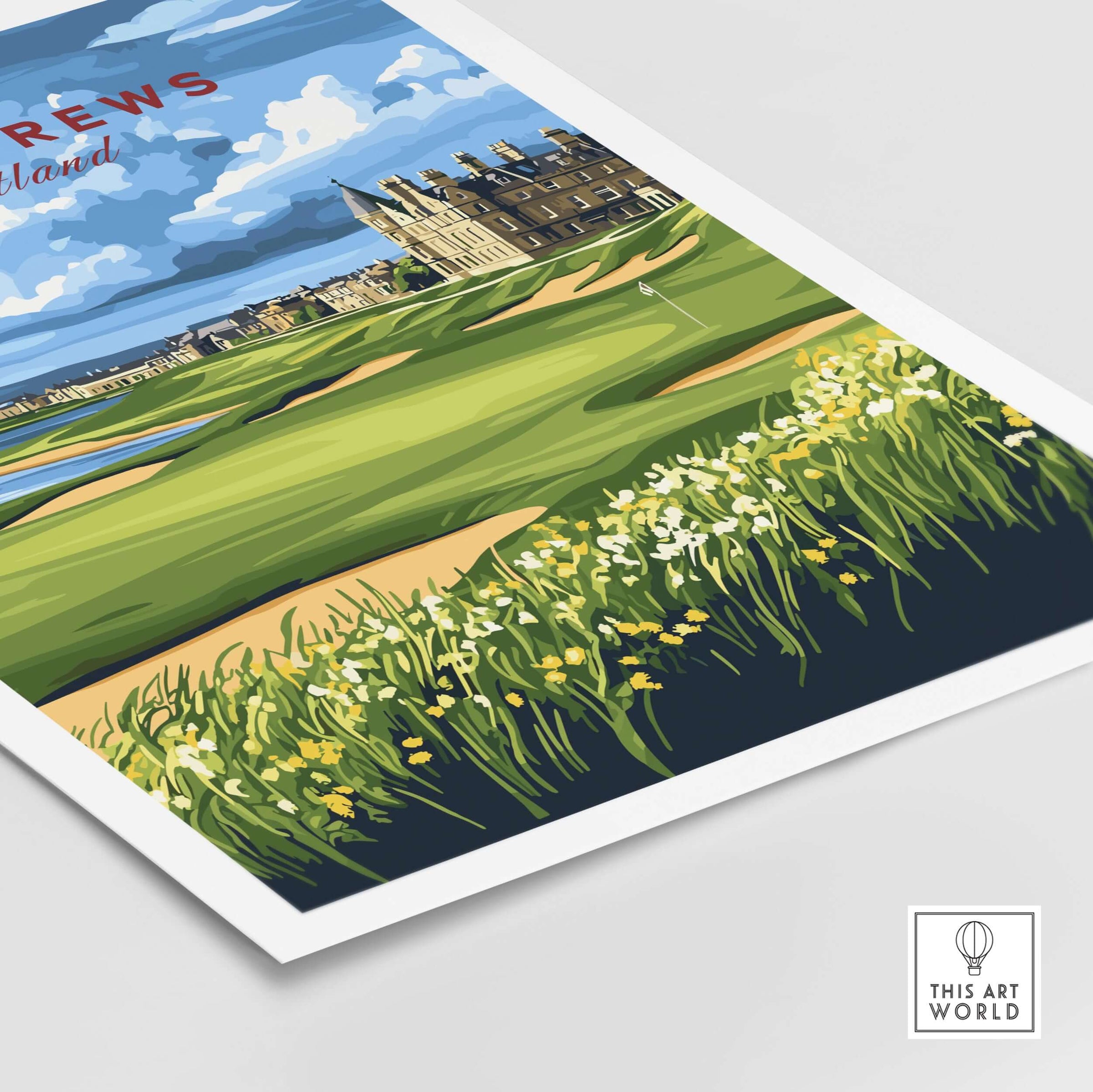 St Andrews Scotland Old Course Sunset Poster - Iconic Golf Landscape Print showcasing golf course and historic buildings.