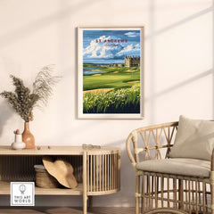 St Andrews Scotland Old Course Sunset Poster - Iconic Golf Landscape Print displayed in a stylish interior setting.