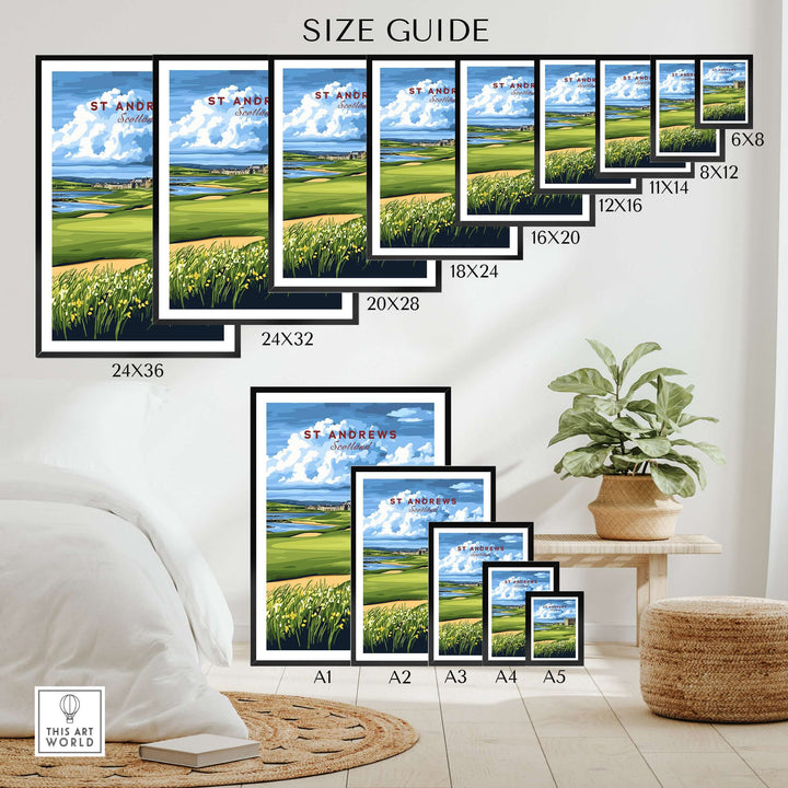 Size guide for St Andrews Scotland Old Course poster prints displayed in various sizes in a cozy living room setting.
