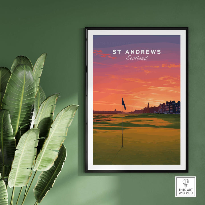 St Andrews Wall Art poster featuring a sunset over the historic golf course in Scotland, perfect for golf enthusiasts.