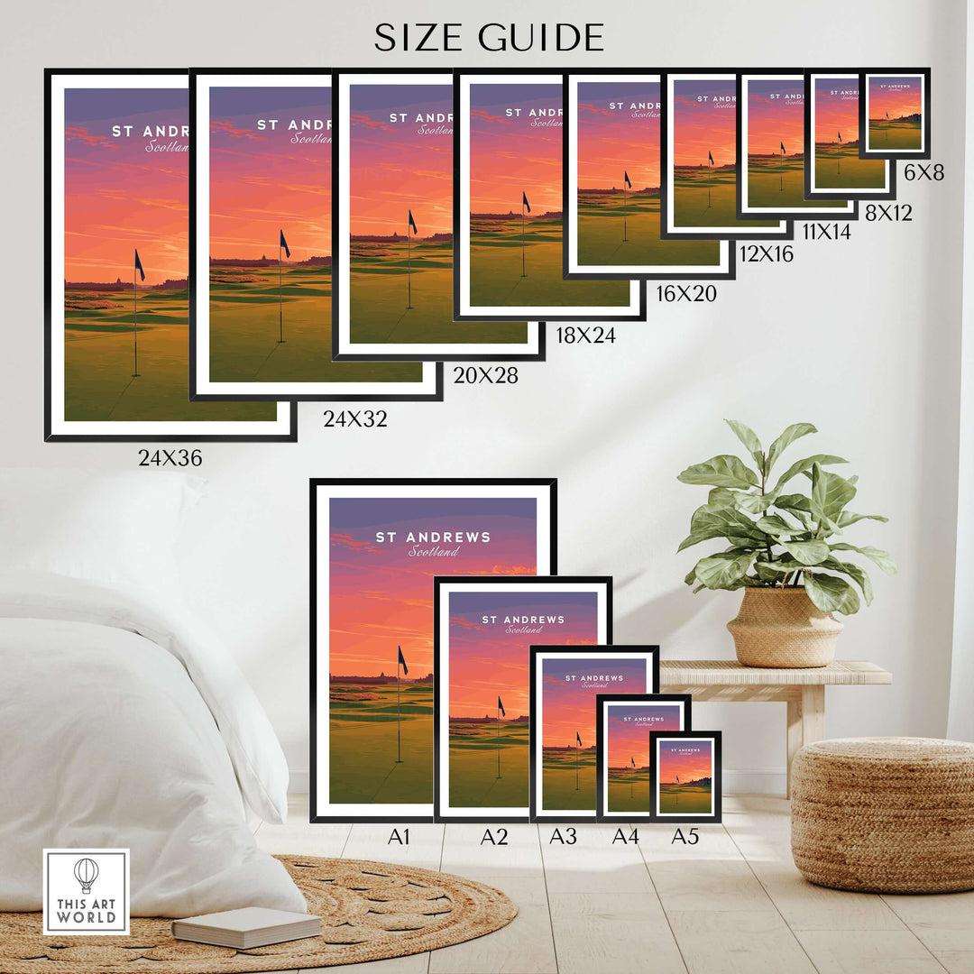 St Andrews Wall Art size guide showcasing various poster sizes for golf decor in a stylish home setting.