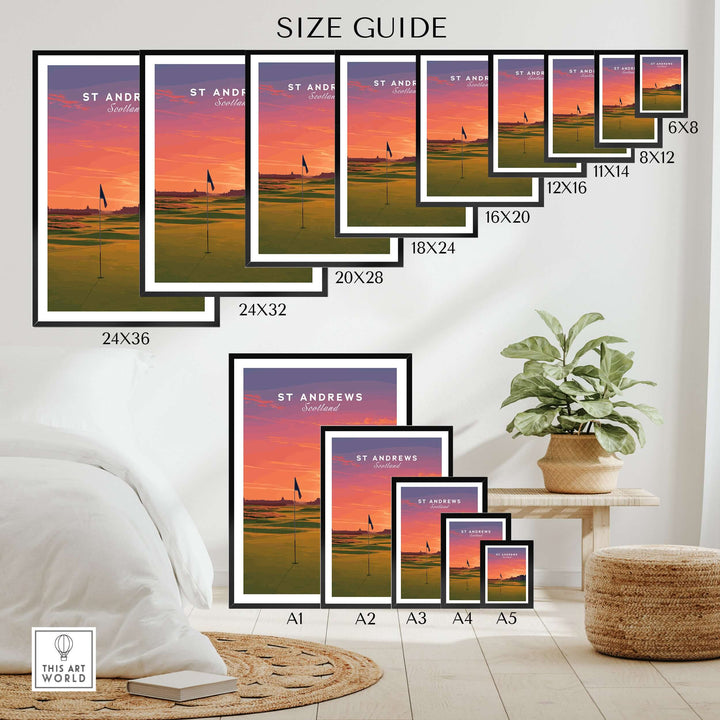 St Andrews Wall Art size guide showcasing various poster sizes for golf decor in a stylish home setting.