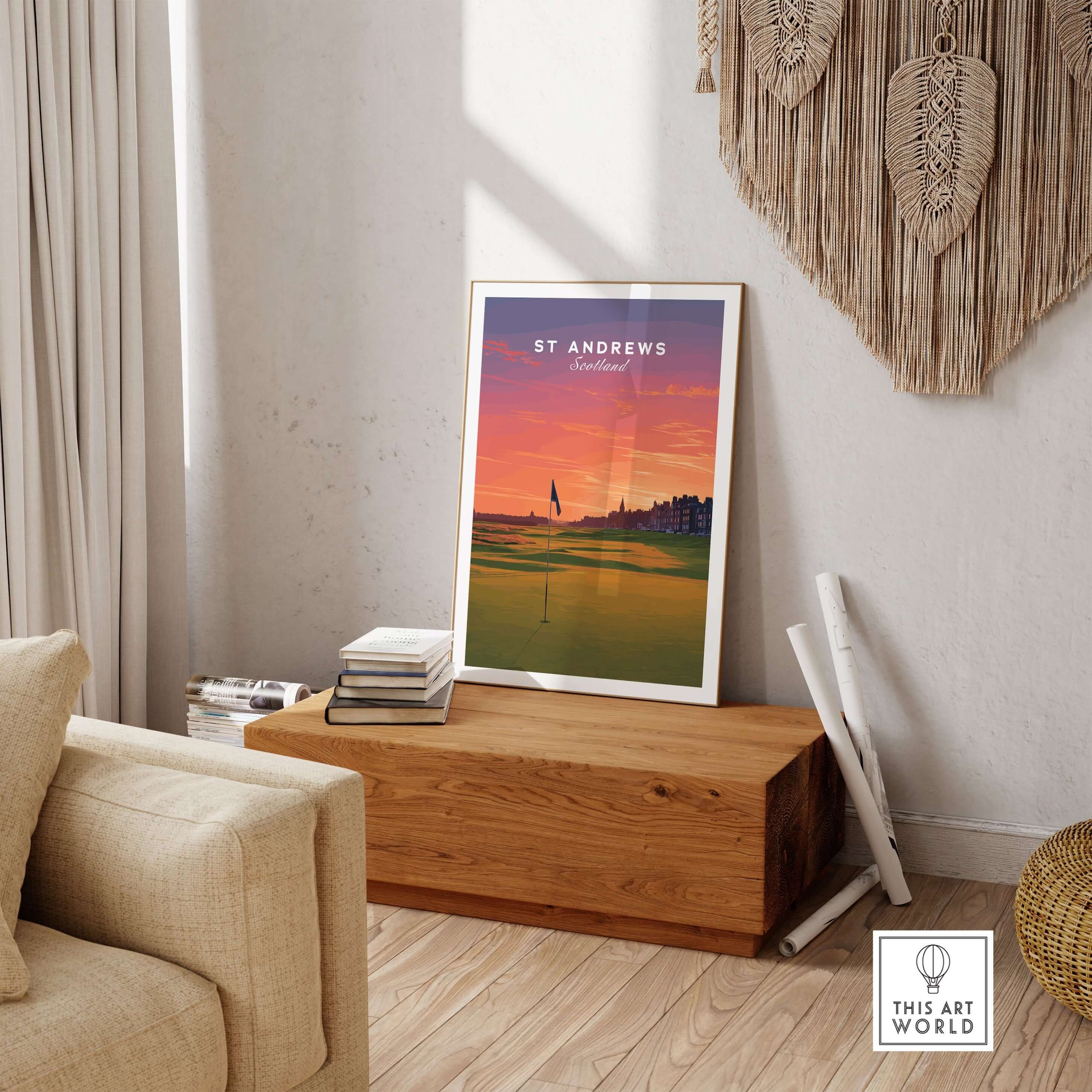 St Andrews Wall Art Scotland Home of Golf Poster - Scottish Links Decor displayed in a stylish living room setting.