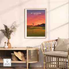 St Andrews Wall Art Scotland Home of Golf Poster - Scottish Links Decor featuring a vibrant sunset over the golf course.