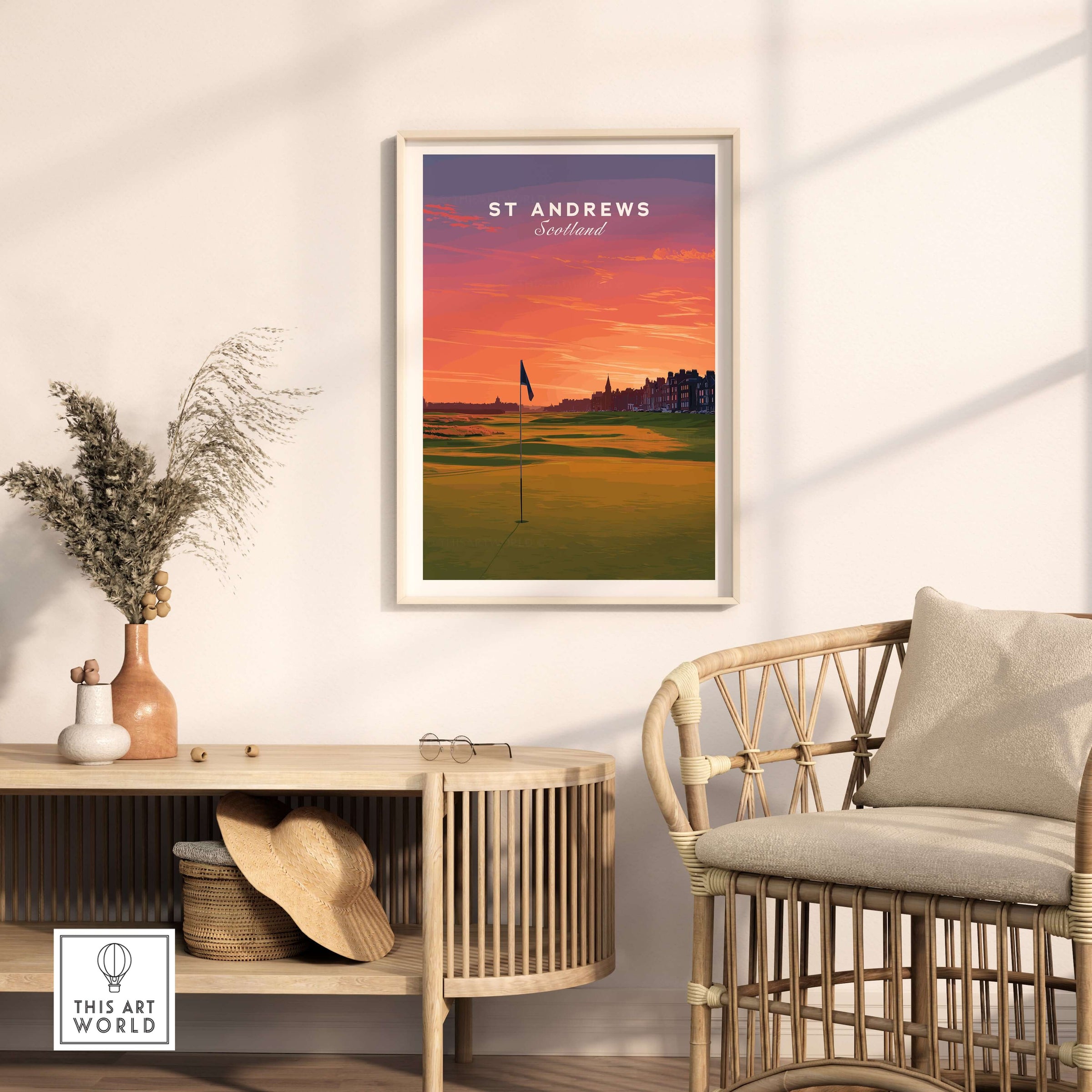St Andrews Wall Art Scotland Home of Golf Poster - Scottish Links Decor featuring a vibrant sunset over the golf course.