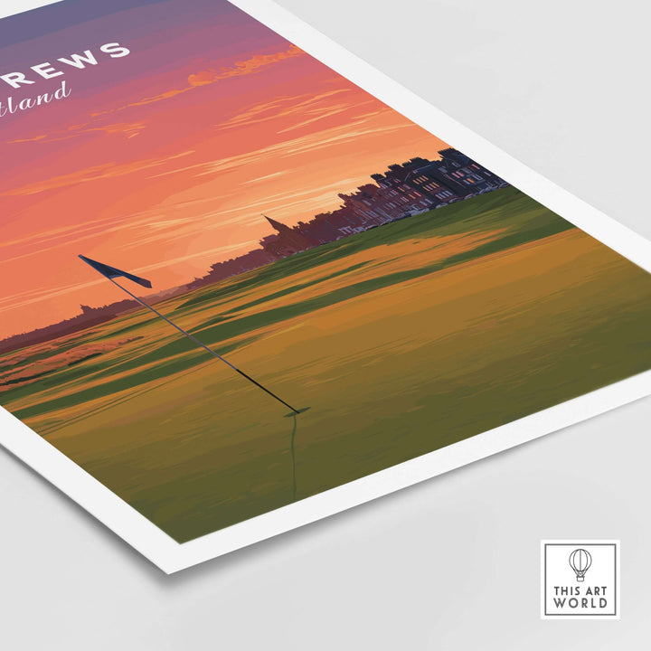 St Andrews Wall Art poster featuring a golf course at sunset, showcasing Scotland's legendary links decor.