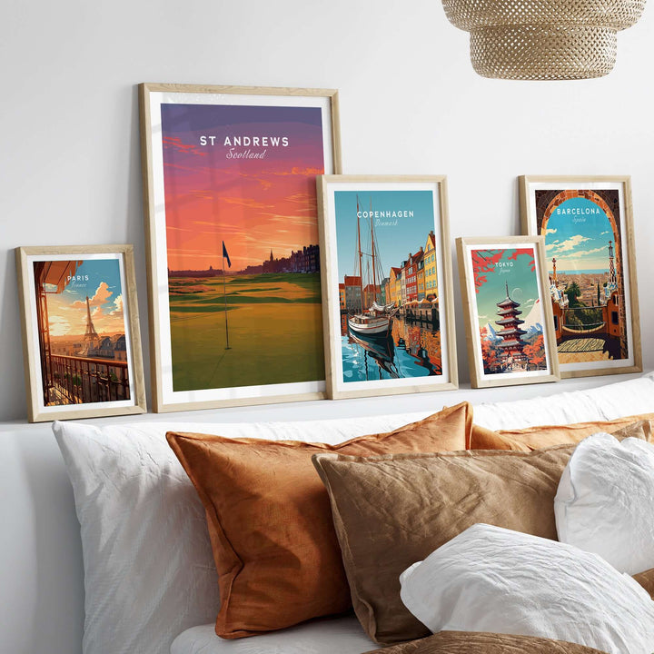 St Andrews Wall Art poster and travel prints displayed in a stylish home setting with decorative cushions.