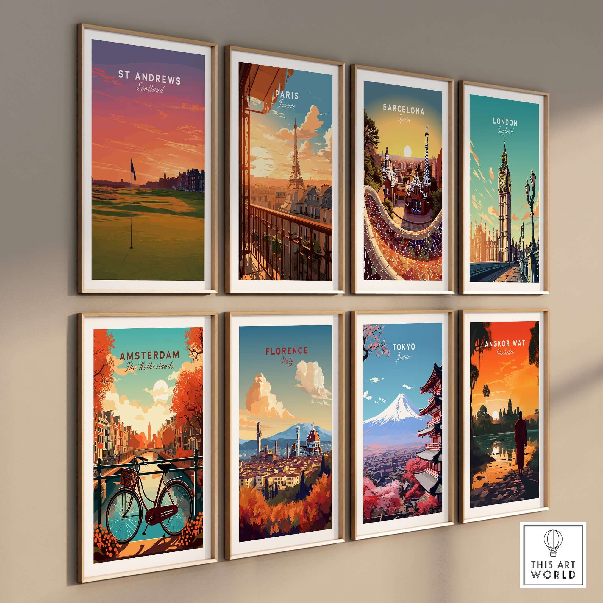 St Andrews Wall Art Scotland Home of Golf Poster - Scottish Links Decor displayed among various city posters.