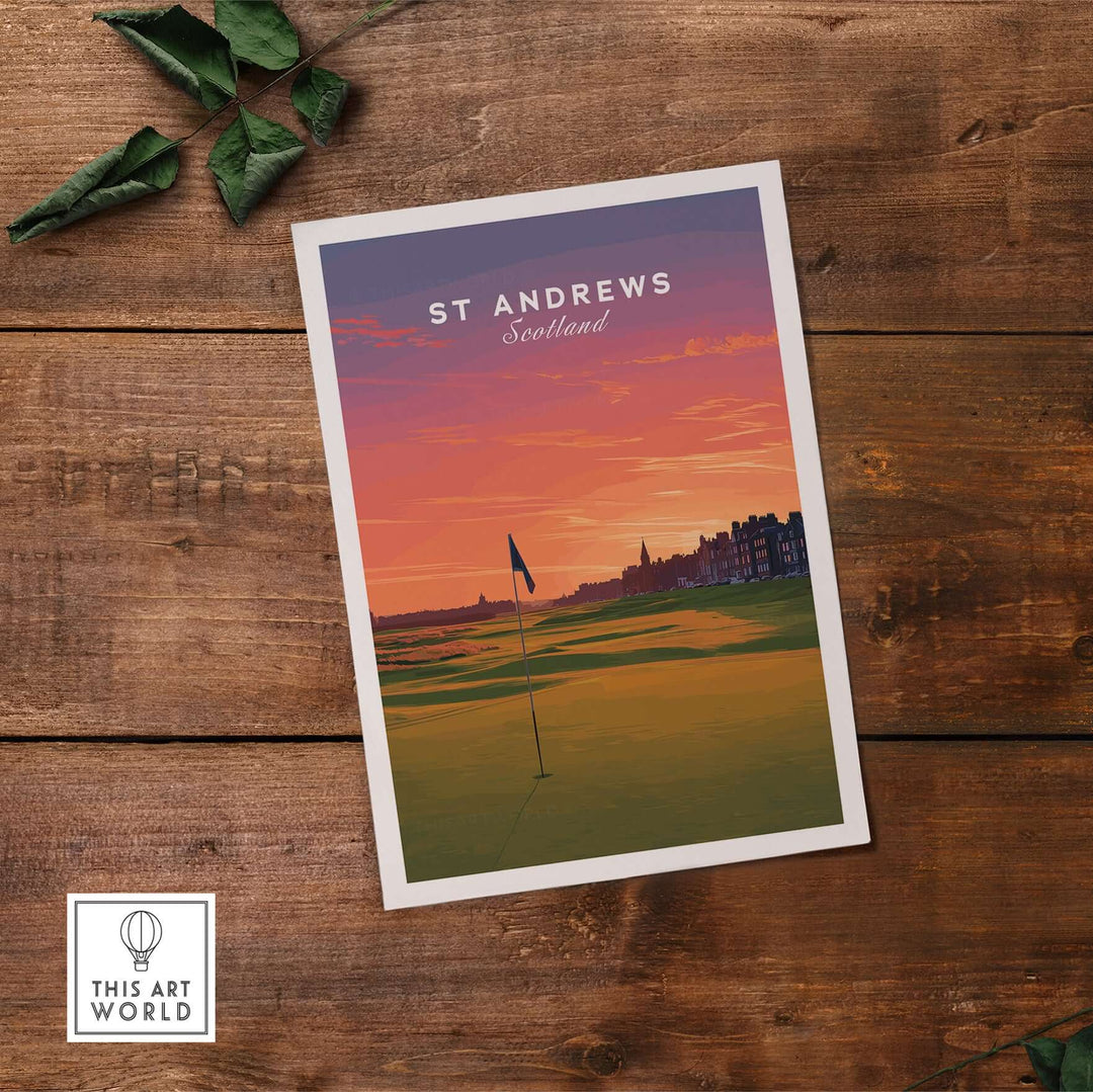 St Andrews Wall Art poster showcasing Scotland's golf course at sunset, featuring iconic links and vibrant colors.