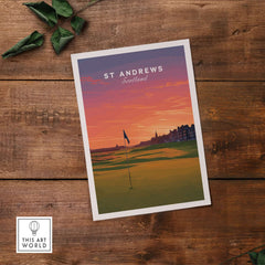 St Andrews Wall Art Scotland Home of Golf Poster - Scottish Links Decor featuring a golf course at sunset.