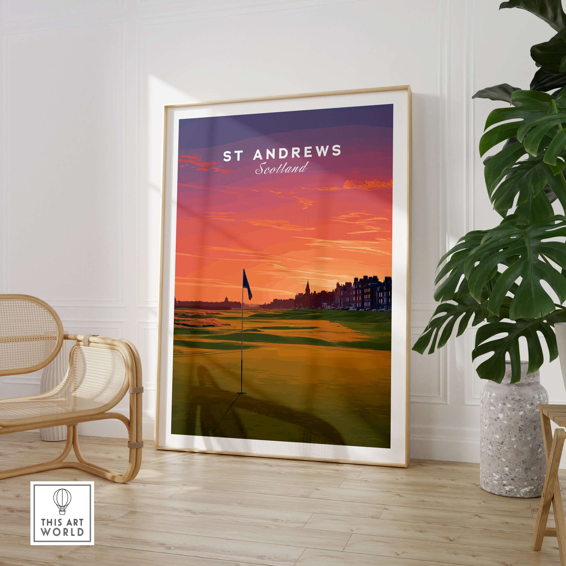 St Andrews Wall Art Scotland Home of Golf Poster - Scottish Links Decor in a modern home setting with sunset view.