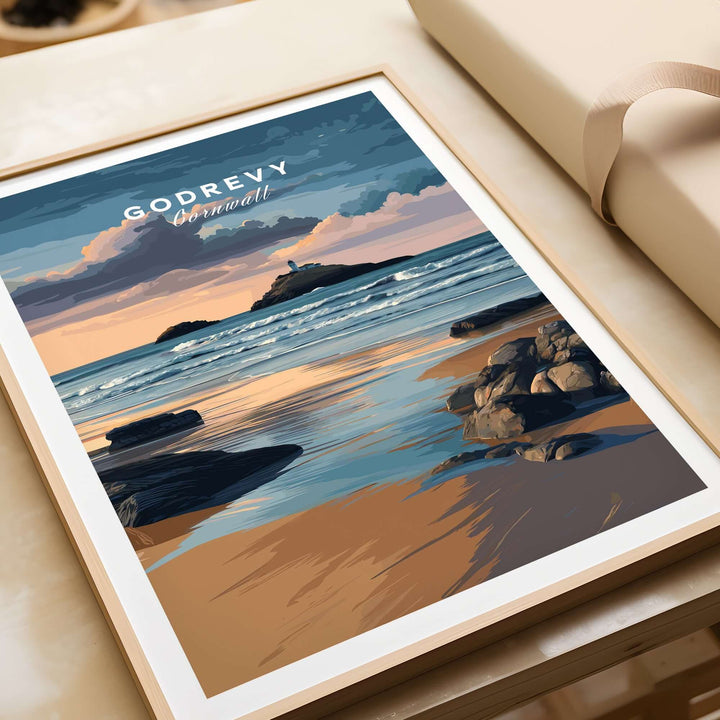Framed poster of Godrevy Lighthouse art print, showcasing the Cornish coastline at sunset.