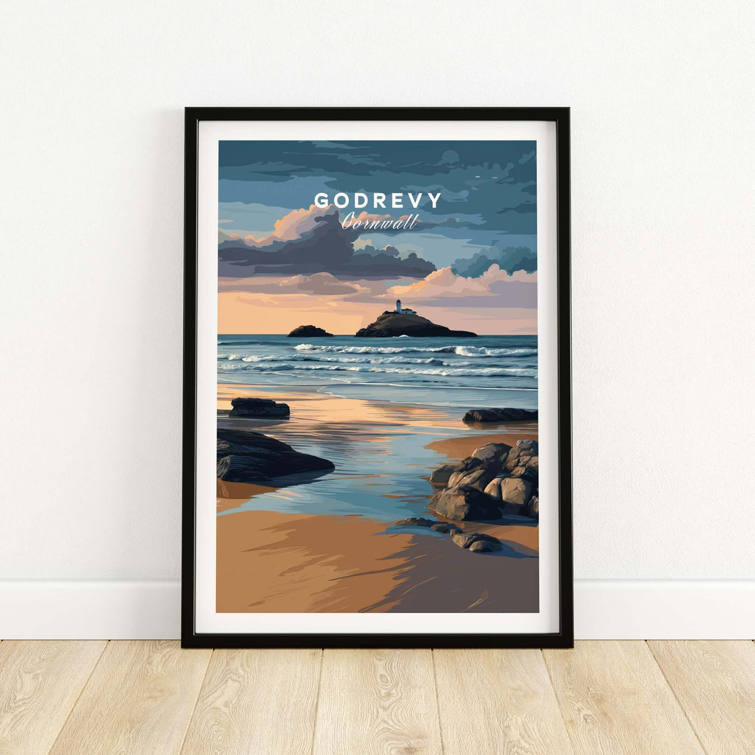 Framed Godrevy Lighthouse art print showcasing Cornwall's coastline at sunset.