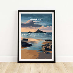 St Ives Bay Art Print - Godrevy Lighthouse Poster - Cornish Coastline Wall Art featuring a picturesque beach and lighthouse.