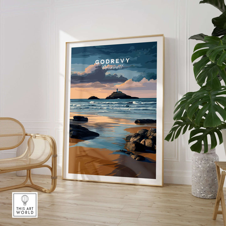 St Ives Bay art print featuring Godrevy Lighthouse against a serene coastal sunset in a stylish living room setting.