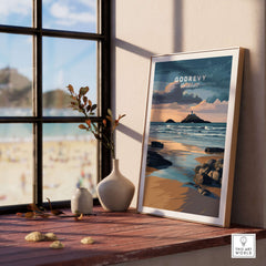 St Ives Bay Art Print - Godrevy Lighthouse Poster - Cornish Coastline Wall Art displayed by a seaside window.