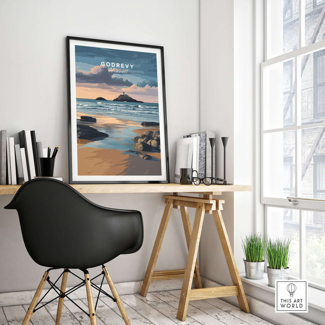 Godrevy Lighthouse art print displayed in a modern room showcasing Cornish coastline scenery.