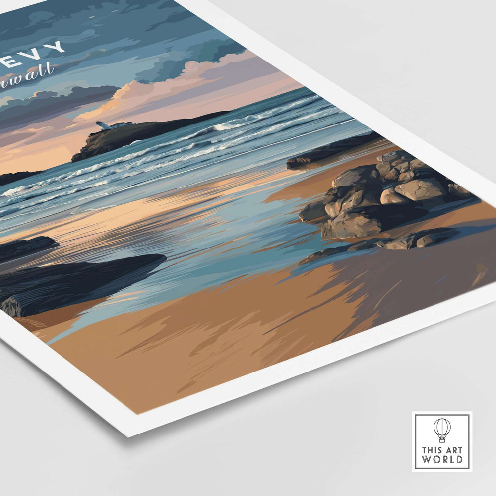 St Ives Bay art print featuring Godrevy Lighthouse, capturing the serene Cornish coastline and dramatic sky.