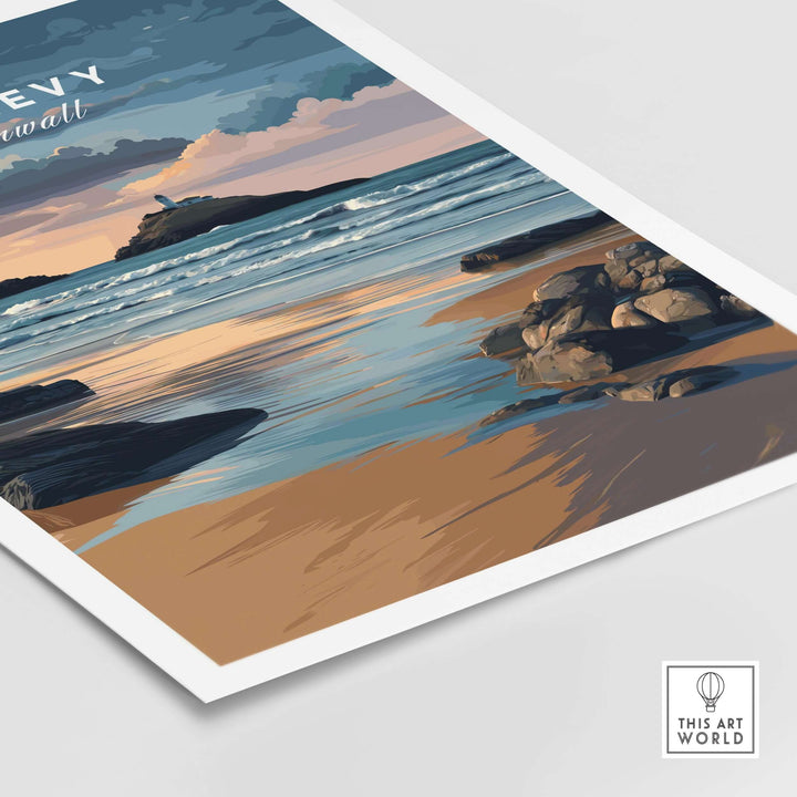 St Ives Bay art print featuring Godrevy Lighthouse, capturing the serene Cornish coastline and dramatic sky.
