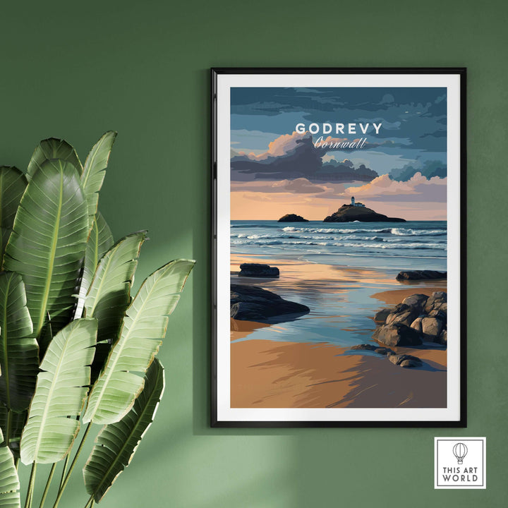 St Ives Bay Art Print featuring Godrevy Lighthouse on a serene Cornish coastline with ocean and rocks.