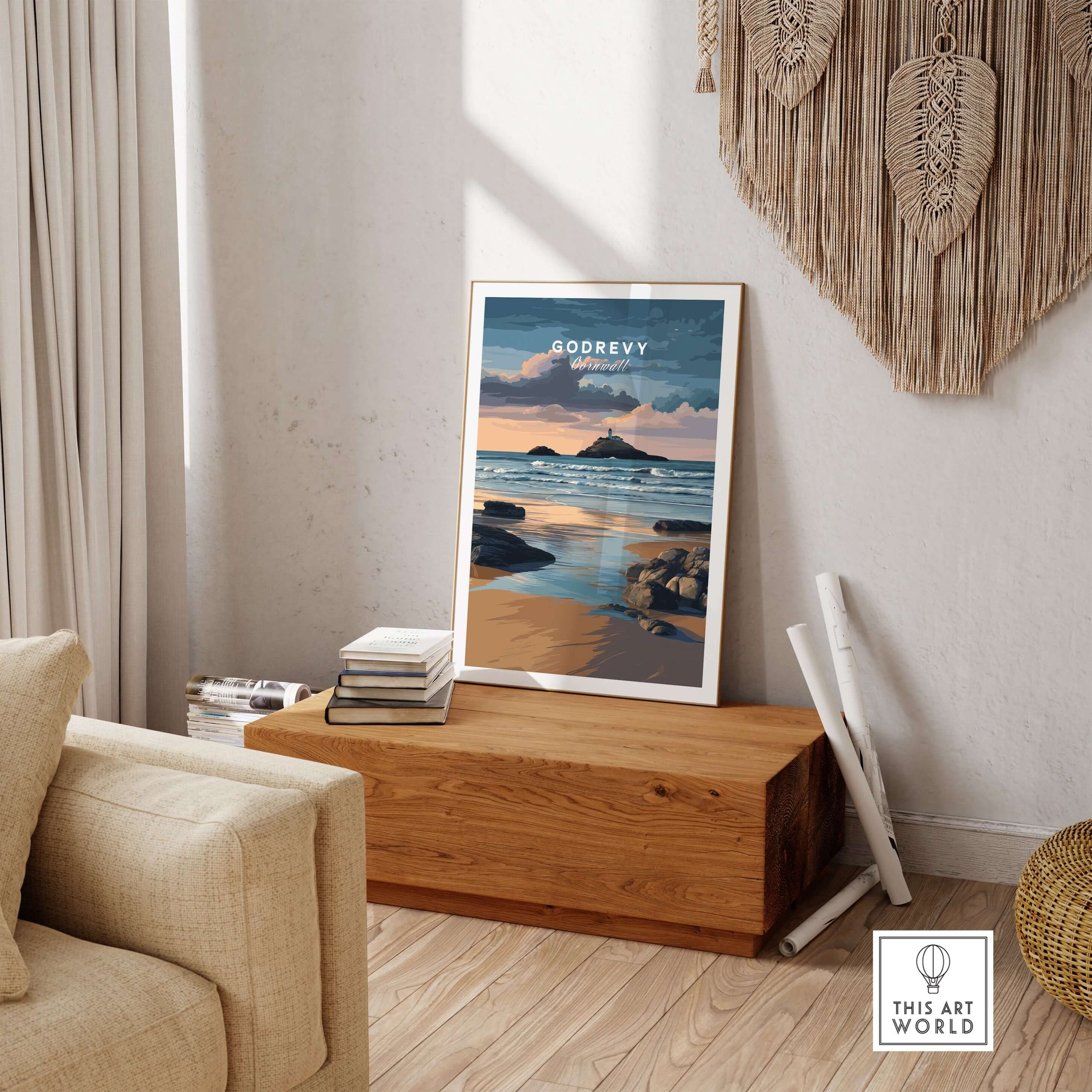 St Ives Bay Art Print - Godrevy Lighthouse Poster - Cornish Coastline Wall Art displayed in living room decor.