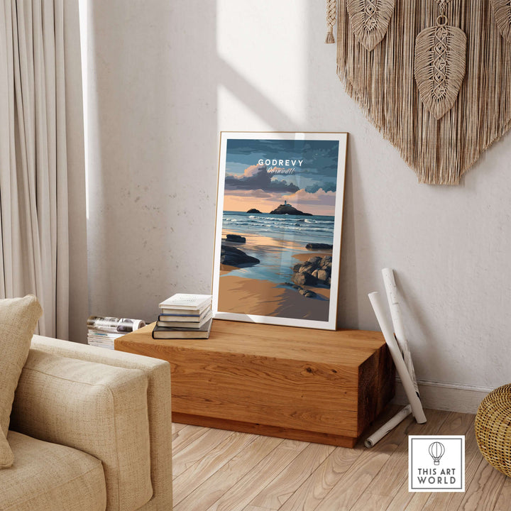 Godrevy Lighthouse poster displayed in a stylish living room, showcasing Cornwall's scenic coastline.