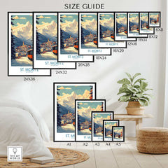 Size guide for St Moritz Ski Poster, featuring various print dimensions displayed in a stylish room setting.