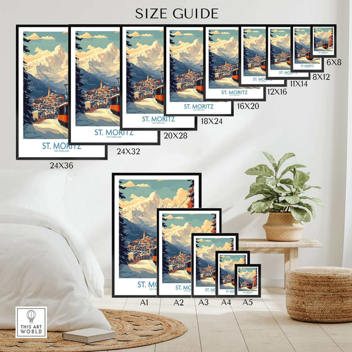 Size guide for St Moritz Ski Poster, featuring various print dimensions displayed in a stylish room setting.