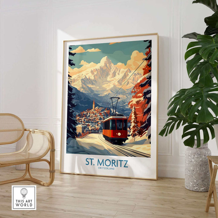 Vintage St Moritz Switzerland ski poster featuring a scenic mountain landscape with a cable car, perfect wall art for ski enthusiasts.