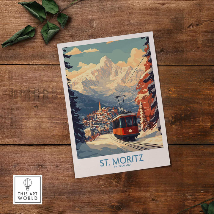 St Moritz ski poster showcasing stunning Swiss Alps scenery with cable car, perfect for winter sports enthusiasts.