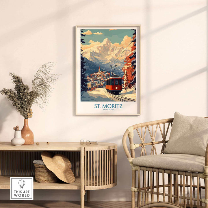 Vintage St Moritz Ski Poster Art Decor in Cozy Room Setting, Switzerland Alpine Scenery Artwork