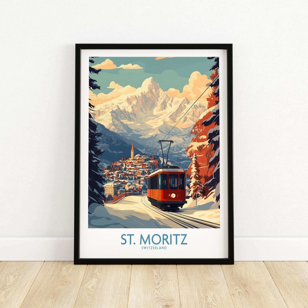 Vintage St. Moritz ski poster featuring a scenic tram in Switzerland with snowy mountains in the background.