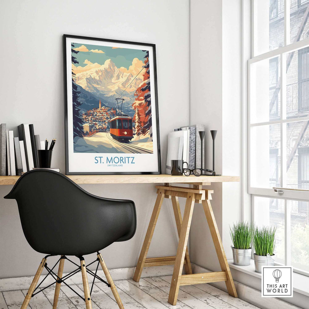 St Moritz Ski Poster Switzerland in modern interior setting, perfect wall art for ski enthusiasts.