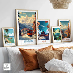 St Moritz ski poster displayed with other travel posters in a stylish room setting.