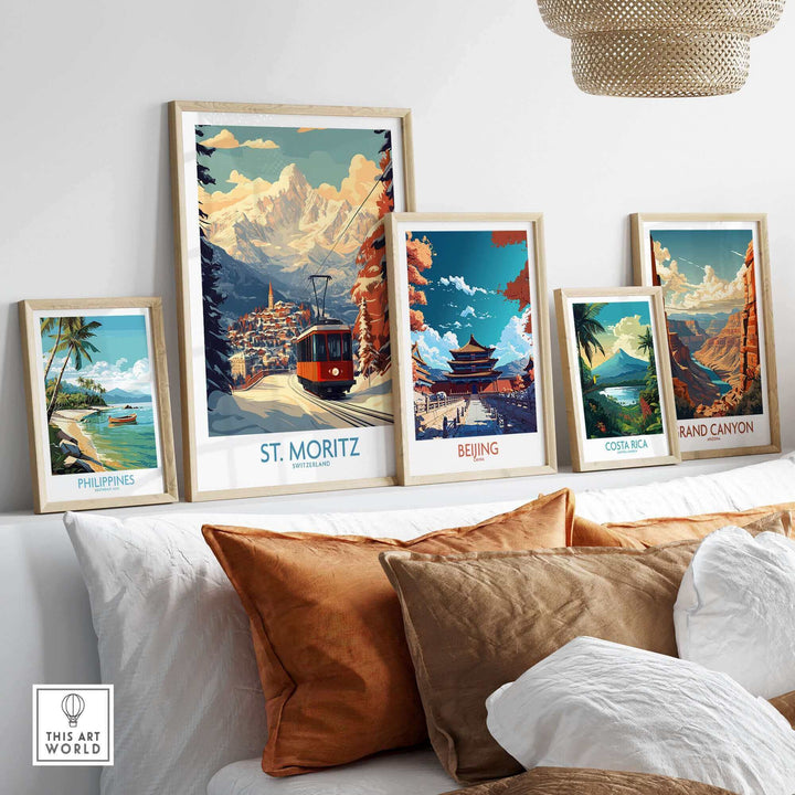 St Moritz ski poster displayed with other travel posters in a stylish room setting.