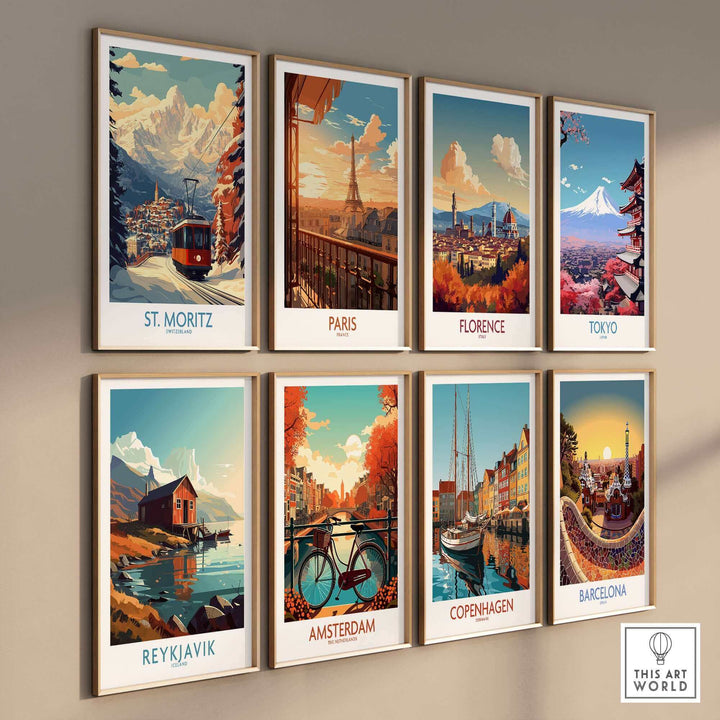 Wall display of travel posters featuring St Moritz ski poster and landmarks from Paris, Florence, Tokyo, Reykjavik, Amsterdam, Copenhagen, Barcelona.