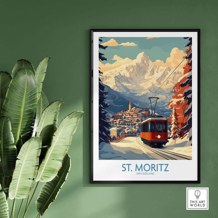 Vintage St Moritz Ski Poster, Switzerland Winter Landscape Art with Mountain Railway Scene, Framed Wall Art Decor.