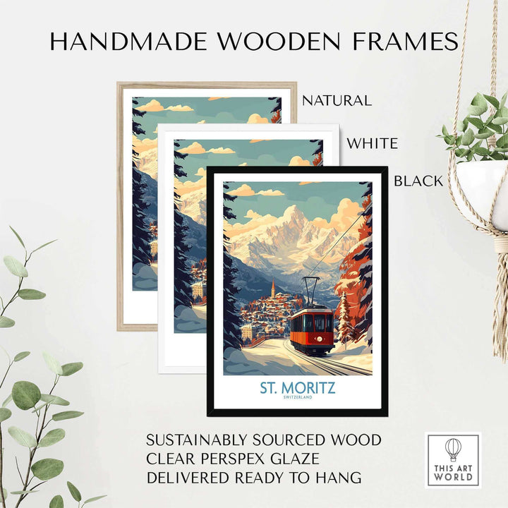 St Moritz Ski Poster in handmade wooden frames, available in natural, white, and black, with stunning mountain scenery.