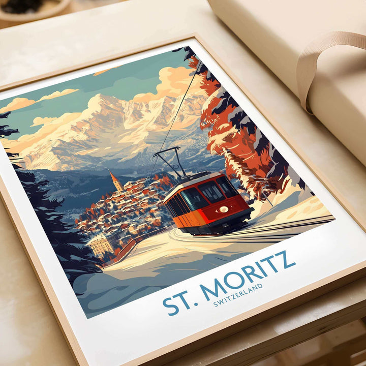 Vintage St Moritz Ski Poster featuring a scenic view of Switzerland's snowy mountains and a classic red tram.