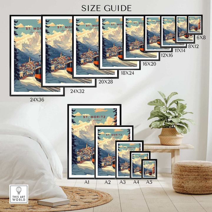 St Moritz Print Switzerland in various sizes, featuring a vintage ski poster design for home decor.