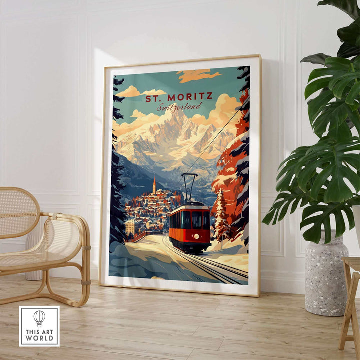 Vintage St Moritz Ski Poster featuring snowy Swiss mountains and a cable car in a stylish room setting.